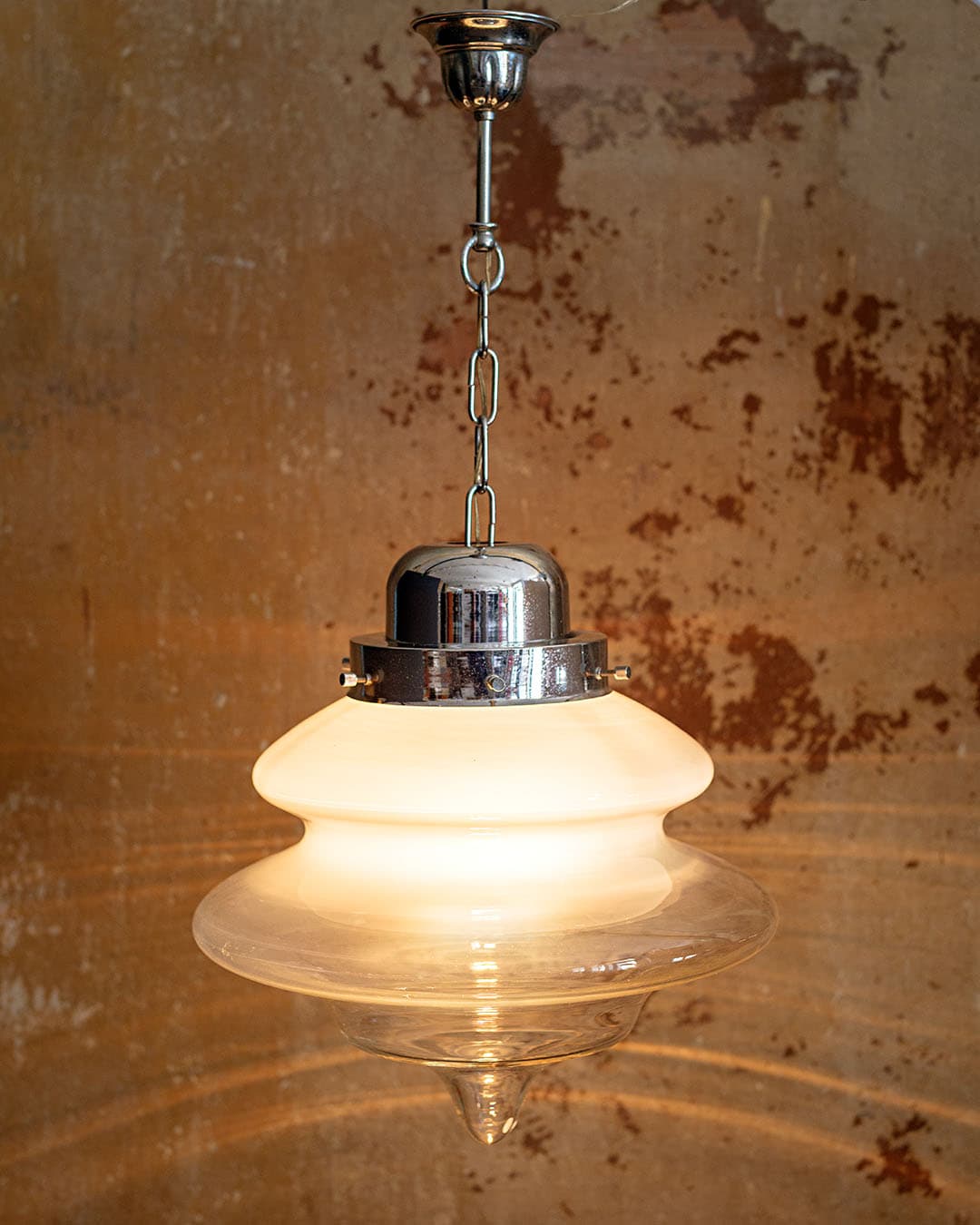 Ceiling lamp, Murano, white beige transparent glass, silver metal, Italy, 1980s. - 298314