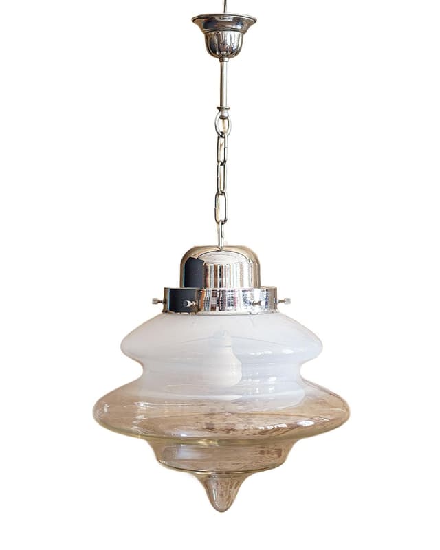 Ceiling lamp, Murano, white beige transparent glass, silver metal, Italy, 1980s. - DIMENSION