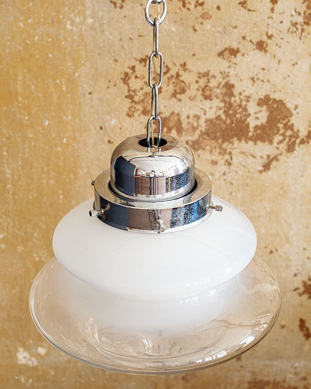 Ceiling lamp, Murano, white beige transparent glass, silver metal, Italy, 1980s. - 298317