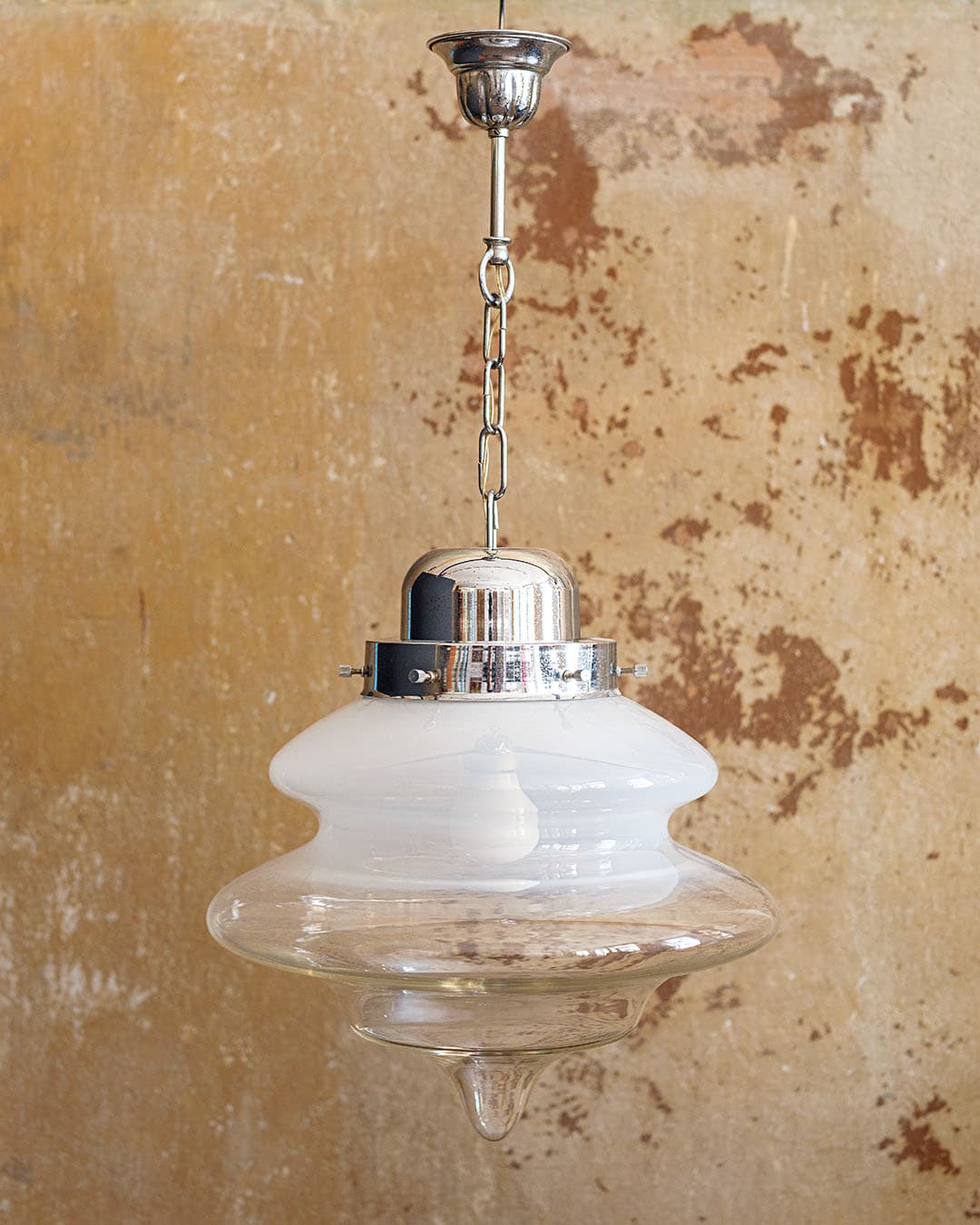 Ceiling lamp, Murano, white beige transparent glass, silver metal, Italy, 1980s. - 298313