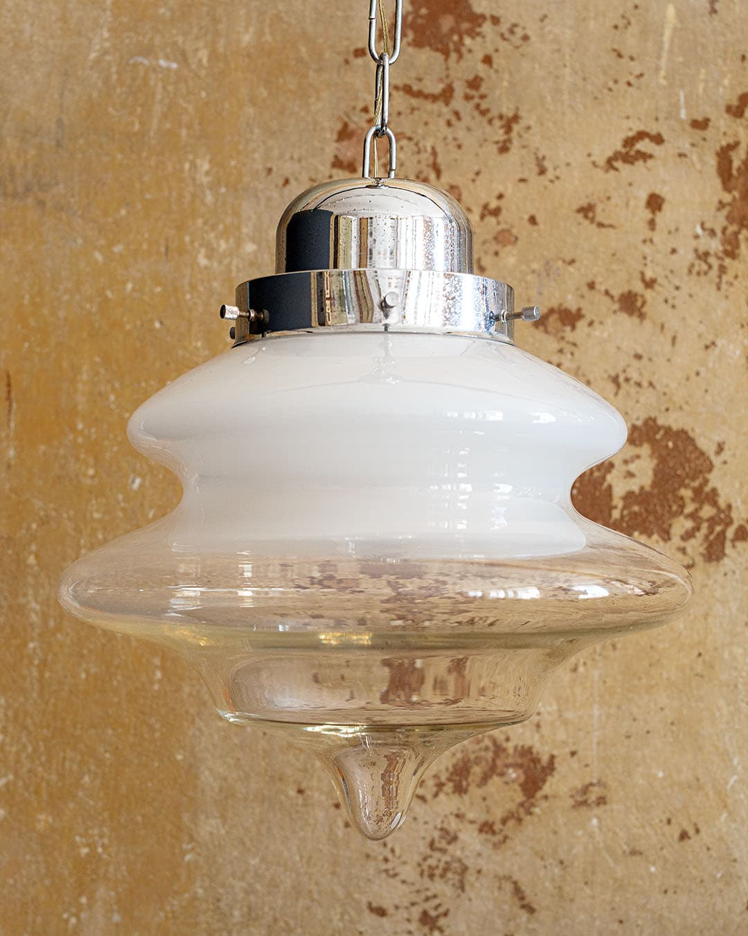 Ceiling lamp, Murano, white beige transparent glass, silver metal, Italy, 1980s. - 298316