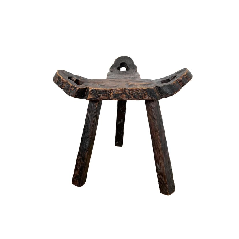 Brutalist stool, black brown wood, Spain, 1960s.