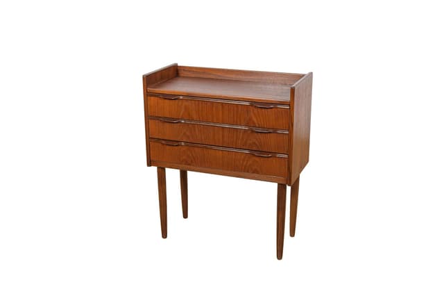 Komoda mała, teak brązowy, proj. H. Jørgensen, Fredericia, Dania, lata 60. - WYMIARY