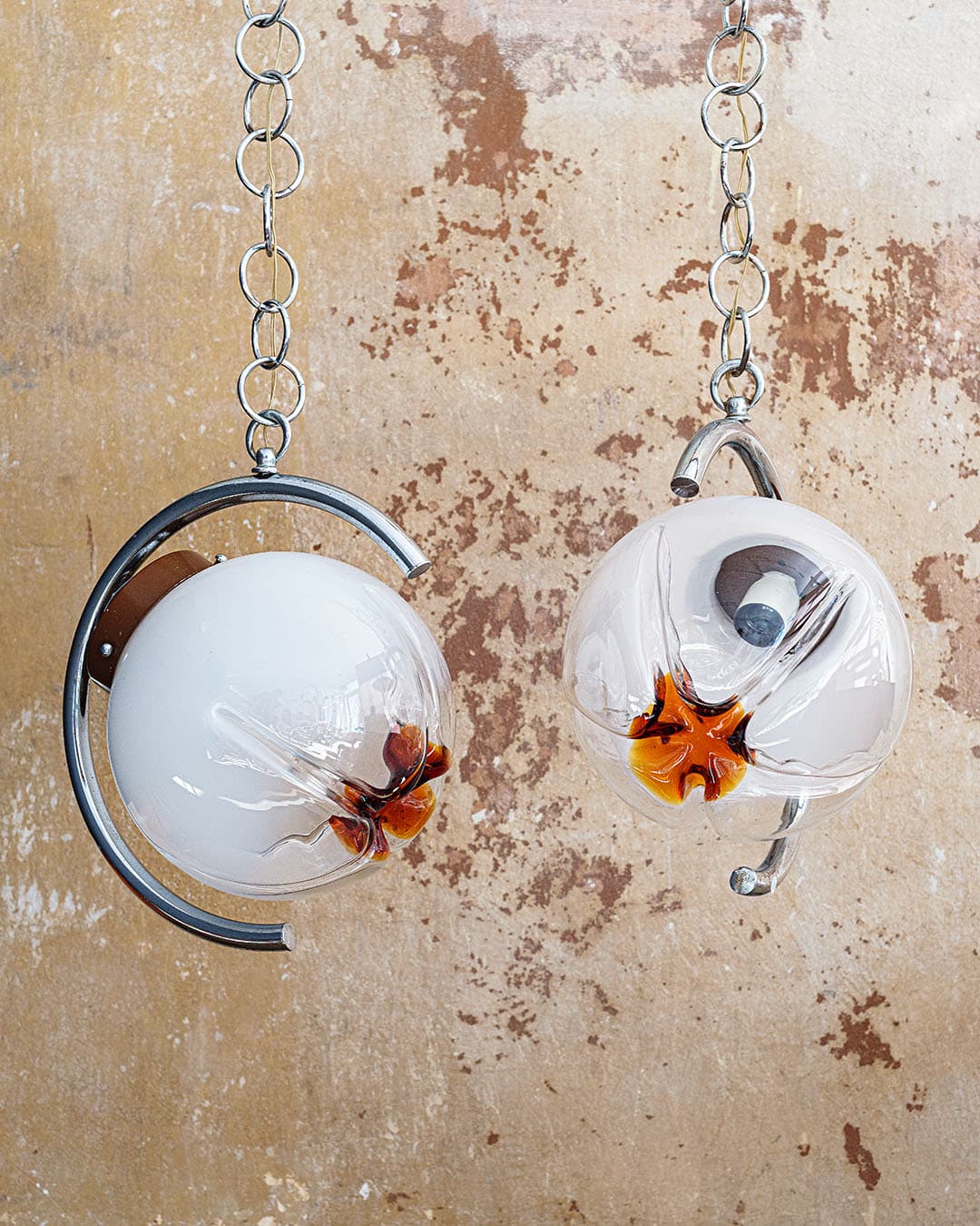 Ceiling lamp Space Age, Murano glass white orange, chrome, Italy, 1980s. - 298467