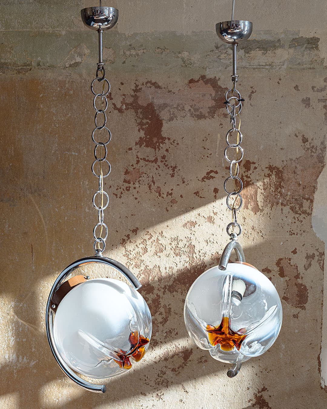 Ceiling lamp Space Age, Murano glass white orange, chrome, Italy, 1980s. - 298470