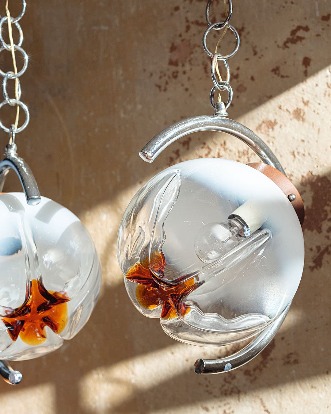 Ceiling lamp Space Age, Murano glass white orange, chrome, Italy, 1980s. - 298471