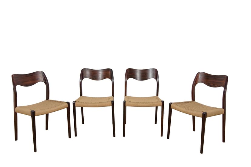 Set of Four Chairs Model 71, brown rosewood, beige cord, by N.O. Møller, J.L. Møllers Møbelfabrik, Denmark, 1960s.