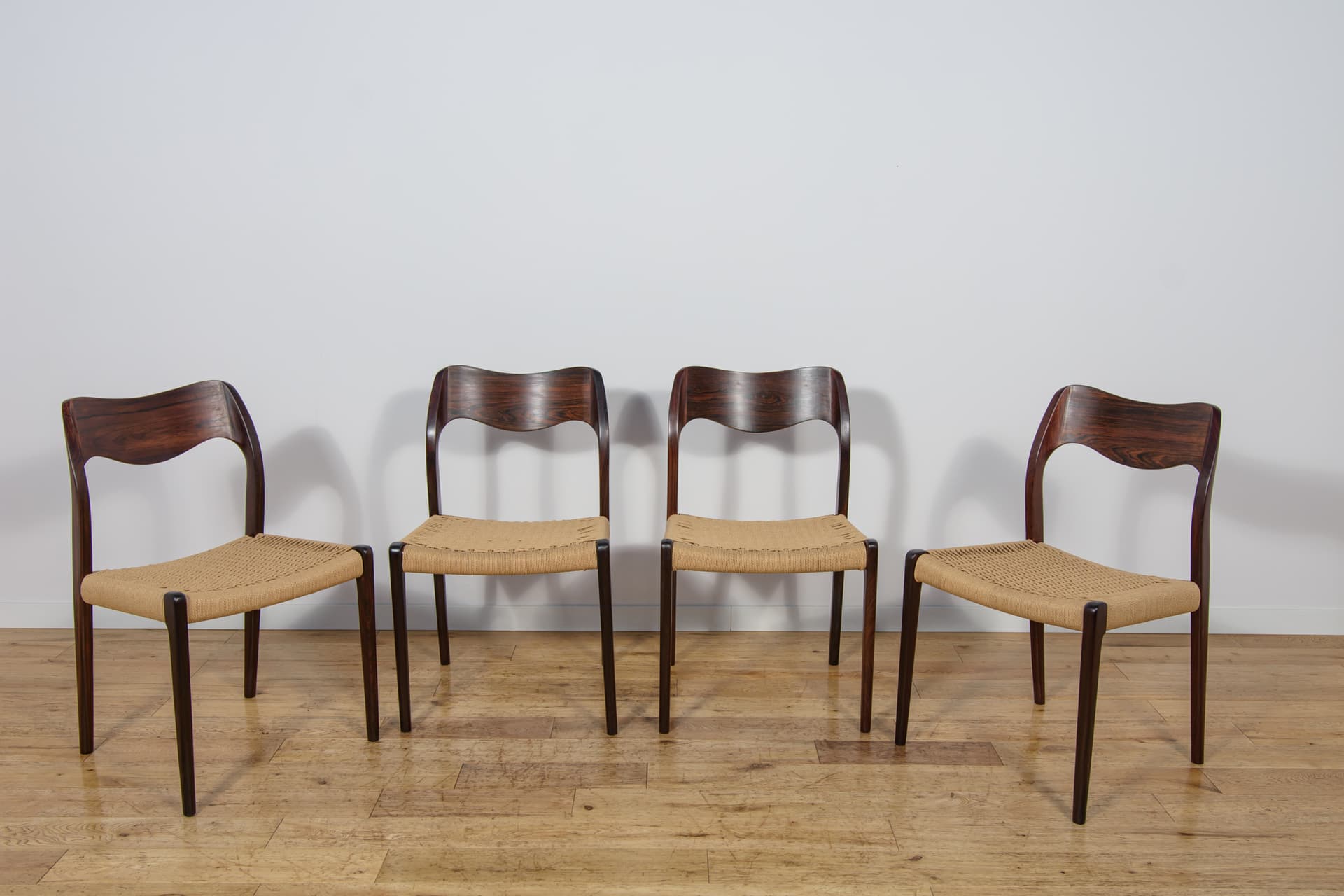 Set of Four Chairs Model 71, brown rosewood, beige cord, by N.O. Møller, J.L. Møllers Møbelfabrik, Denmark, 1960s. - 298480