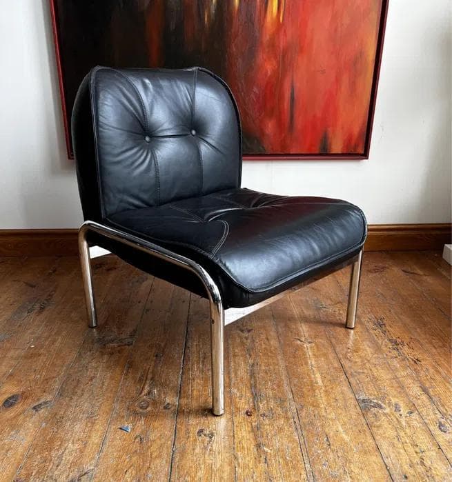 Armchair Eurochair, black leather, chrome steel, by H. Eichenberger, Switzerland, 1980s. - 298609