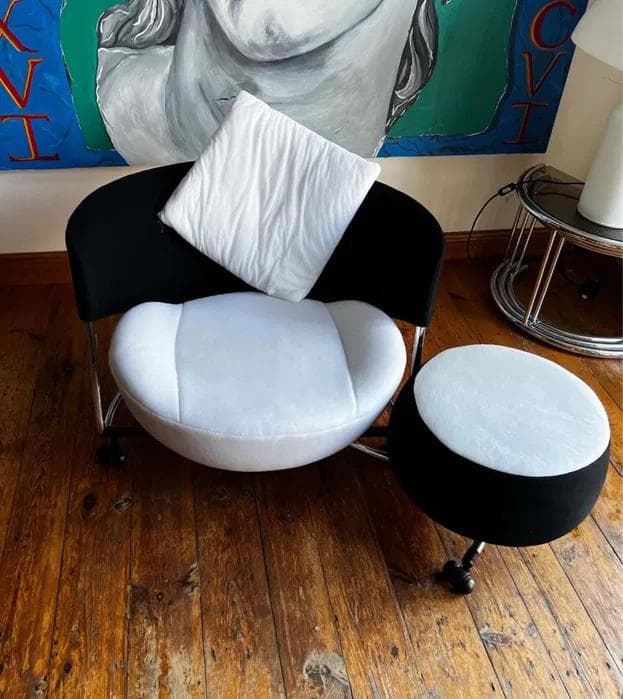 Armchair with Ottoman Girotonda, black white fabric, metal, by F. Binfaré, Cassina, Italy, 1990s. - 298601