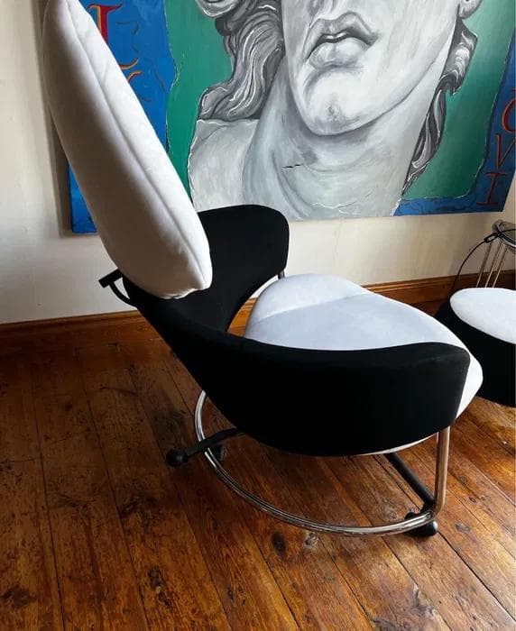 Armchair with Ottoman Girotonda, black white fabric, metal, by F. Binfaré, Cassina, Italy, 1990s. - 298600