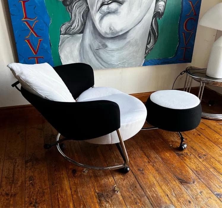 Armchair with Ottoman Girotonda, black white fabric, metal, by F. Binfaré, Cassina, Italy, 1990s. - 298598