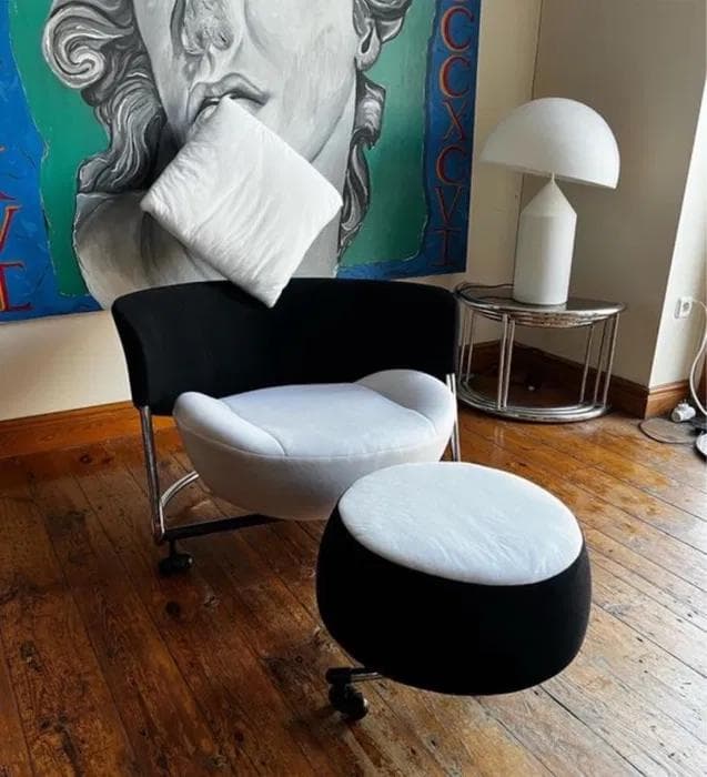 Armchair with Ottoman Girotonda, black white fabric, metal, by F. Binfaré, Cassina, Italy, 1990s. - 298602