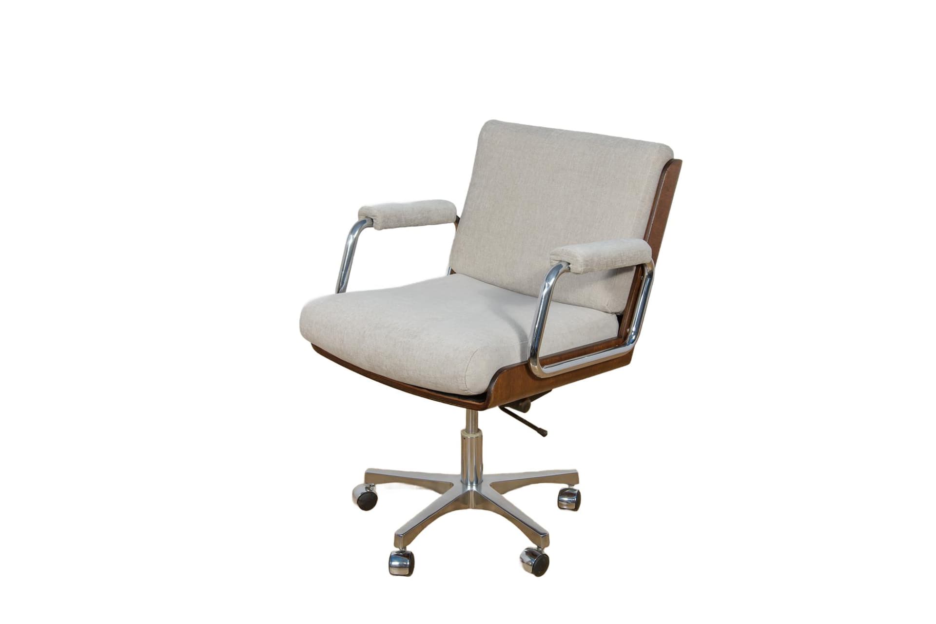Fotel biurowy obrotowy, beżowy, teak, tkanina syntetyczna, chrom, Wielka Brytania, lata 70.