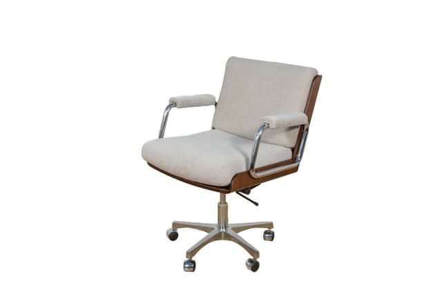 Fotel biurowy obrotowy, beżowy, teak, tkanina syntetyczna, chrom, Wielka Brytania, lata 70. - WYMIARY