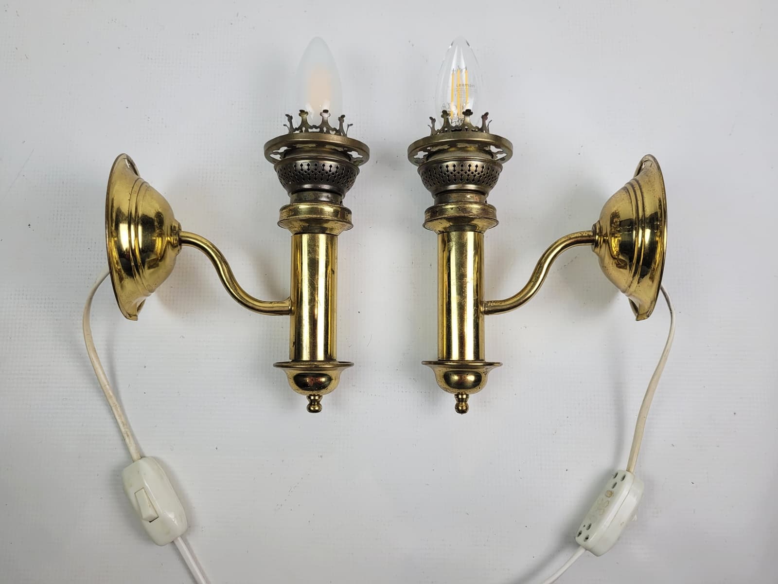 Pair of Wall Sconces H.H. Metal, gold brass, white glass, Sweden, 1950s. - 298701