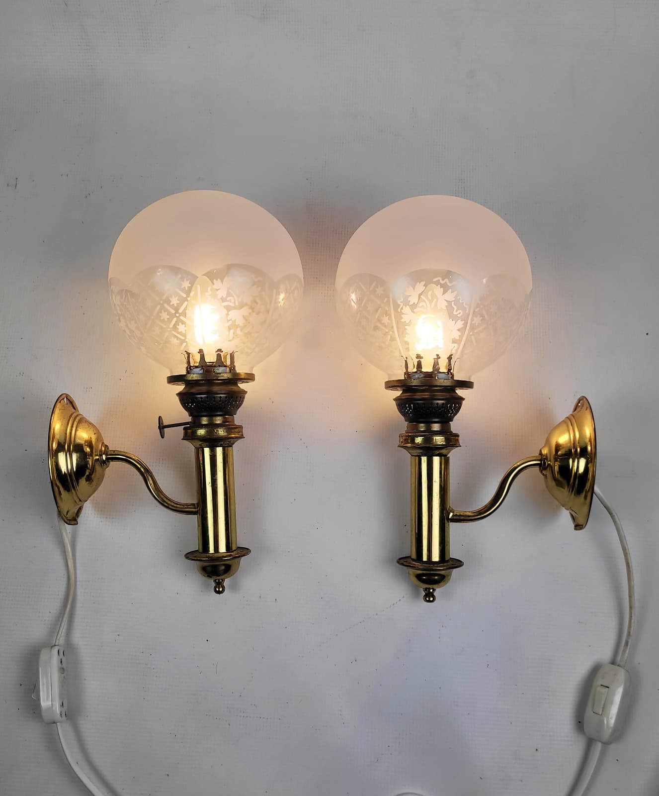 Pair of Wall Sconces H.H. Metal, gold brass, white glass, Sweden, 1950s. - 298696