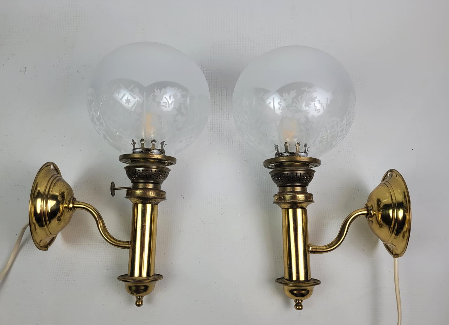 Pair of Wall Sconces H.H. Metal, gold brass, white glass, Sweden, 1950s. - 298693