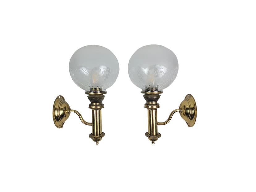Pair of Wall Sconces H.H. Metal, gold brass, white glass, Sweden, 1950s.