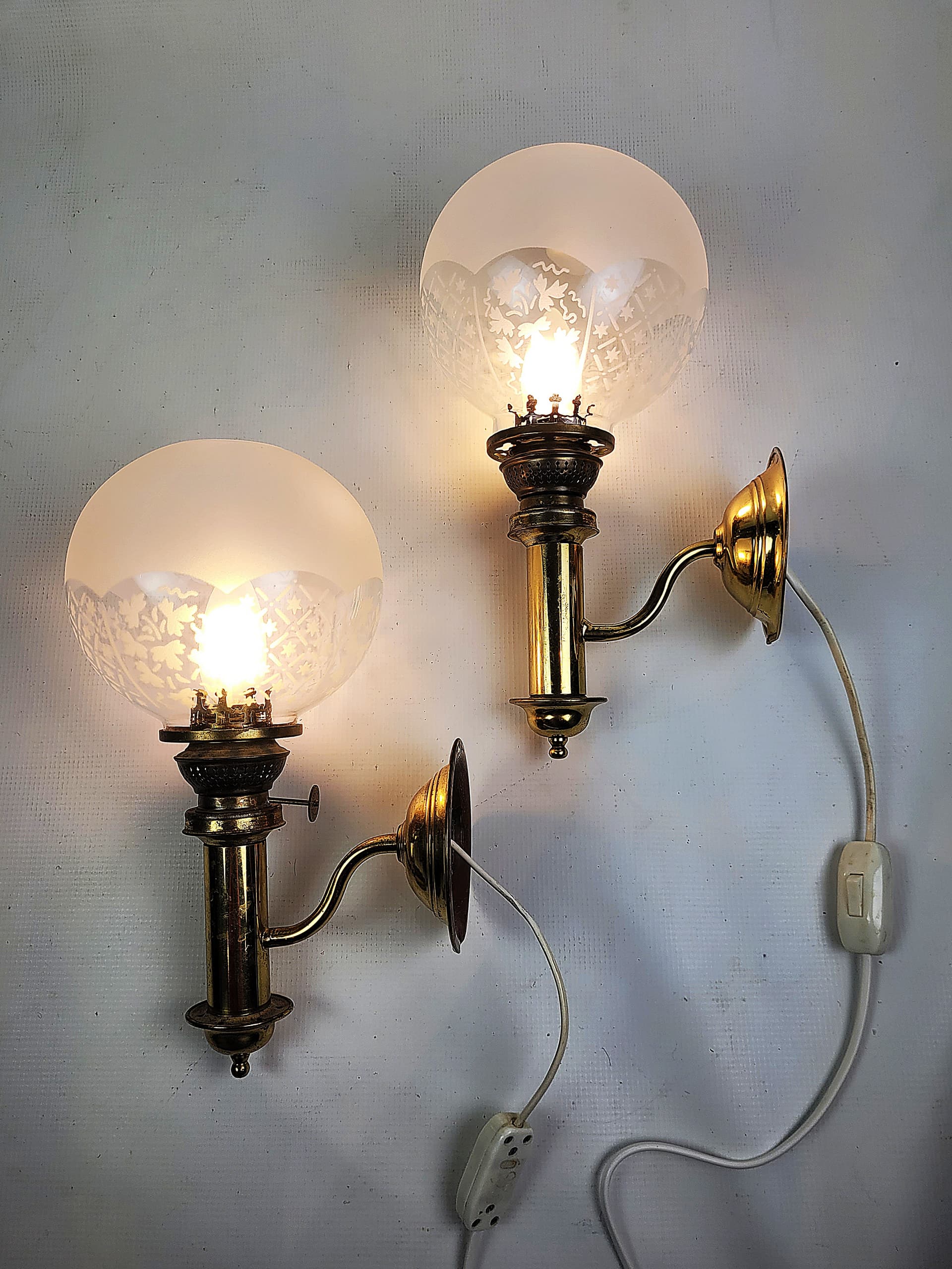Pair of Wall Sconces H.H. Metal, gold brass, white glass, Sweden, 1950s. - 298705
