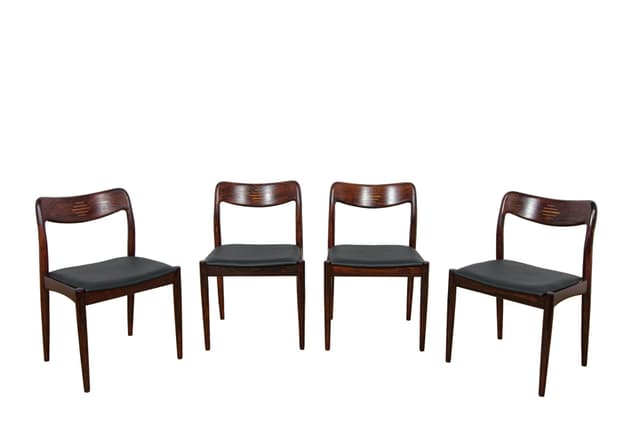 Set of four chairs, brown rosewood, black genuine leather, Uldum Møbelfabrik, Denmark, 1960s. - DIMENSION