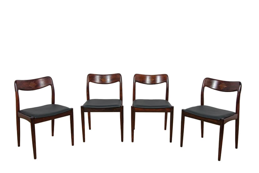 Set of four chairs, brown rosewood, black genuine leather, Uldum Møbelfabrik, Denmark, 1960s.