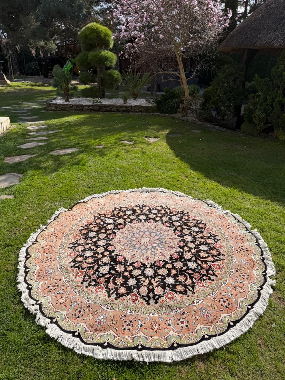 Dywan okrągły Tabriz 205x205 cm, czarny, wełna kaszmirowa jedwab, Iran - 298911
