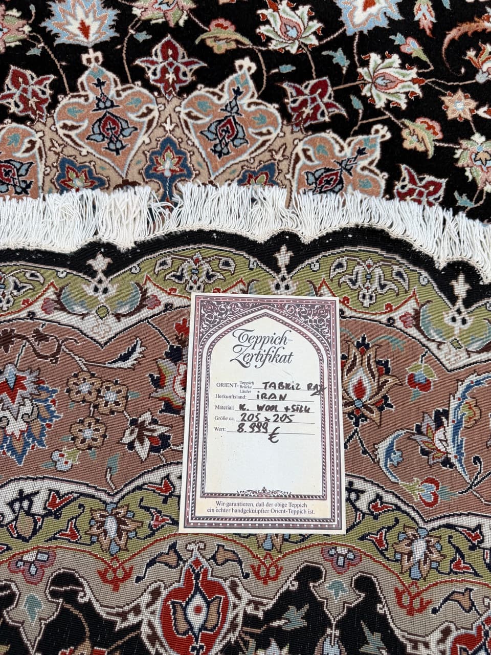 Dywan okrągły Tabriz 205x205 cm, czarny, wełna kaszmirowa jedwab, Iran - 298924