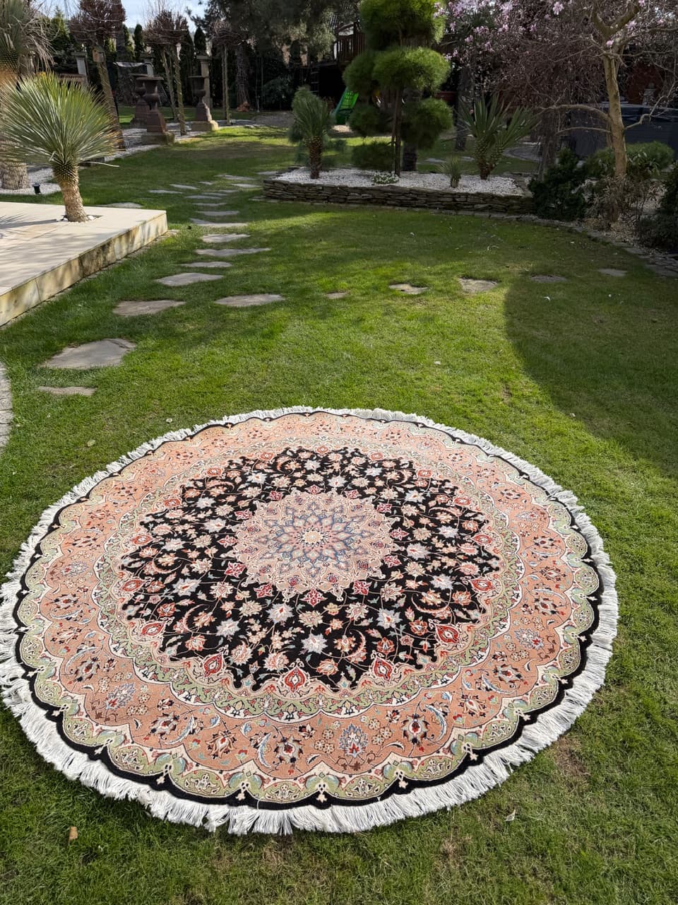 Dywan okrągły Tabriz 205x205 cm, czarny, wełna kaszmirowa jedwab, Iran - 298921