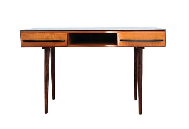 Konsolka biurko, jasnobrązowy dąb, blat czarny, proj. M. Pozar, UP Závody, Czechosłowacja, lata 60. - WYMIARY