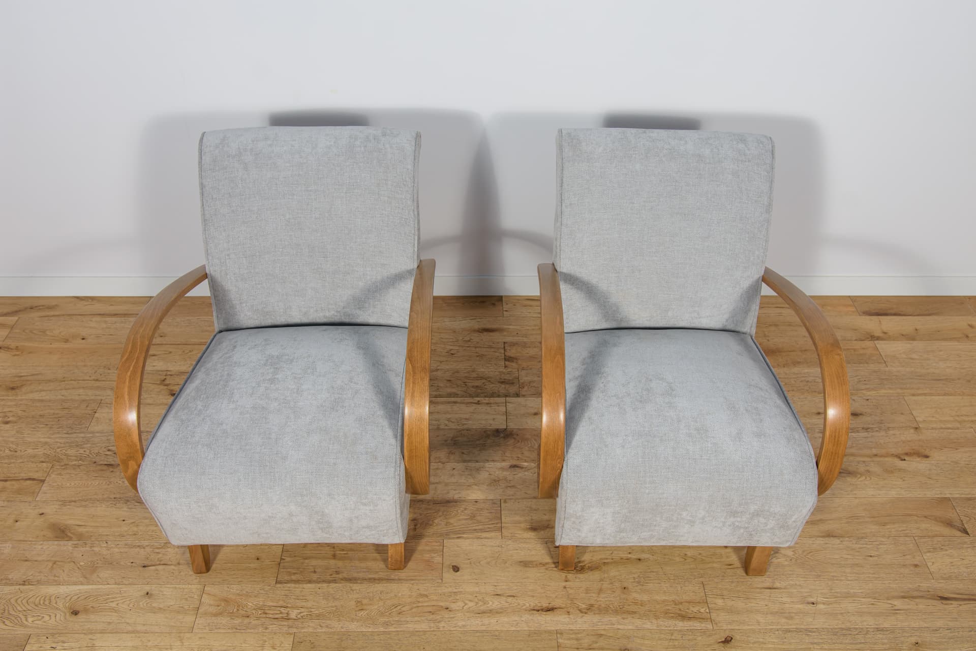 Pair of armchairs Model H-410, light grey wool, light brown oak, by J. Halabala, Czechoslovakia, 1930s. - 299157