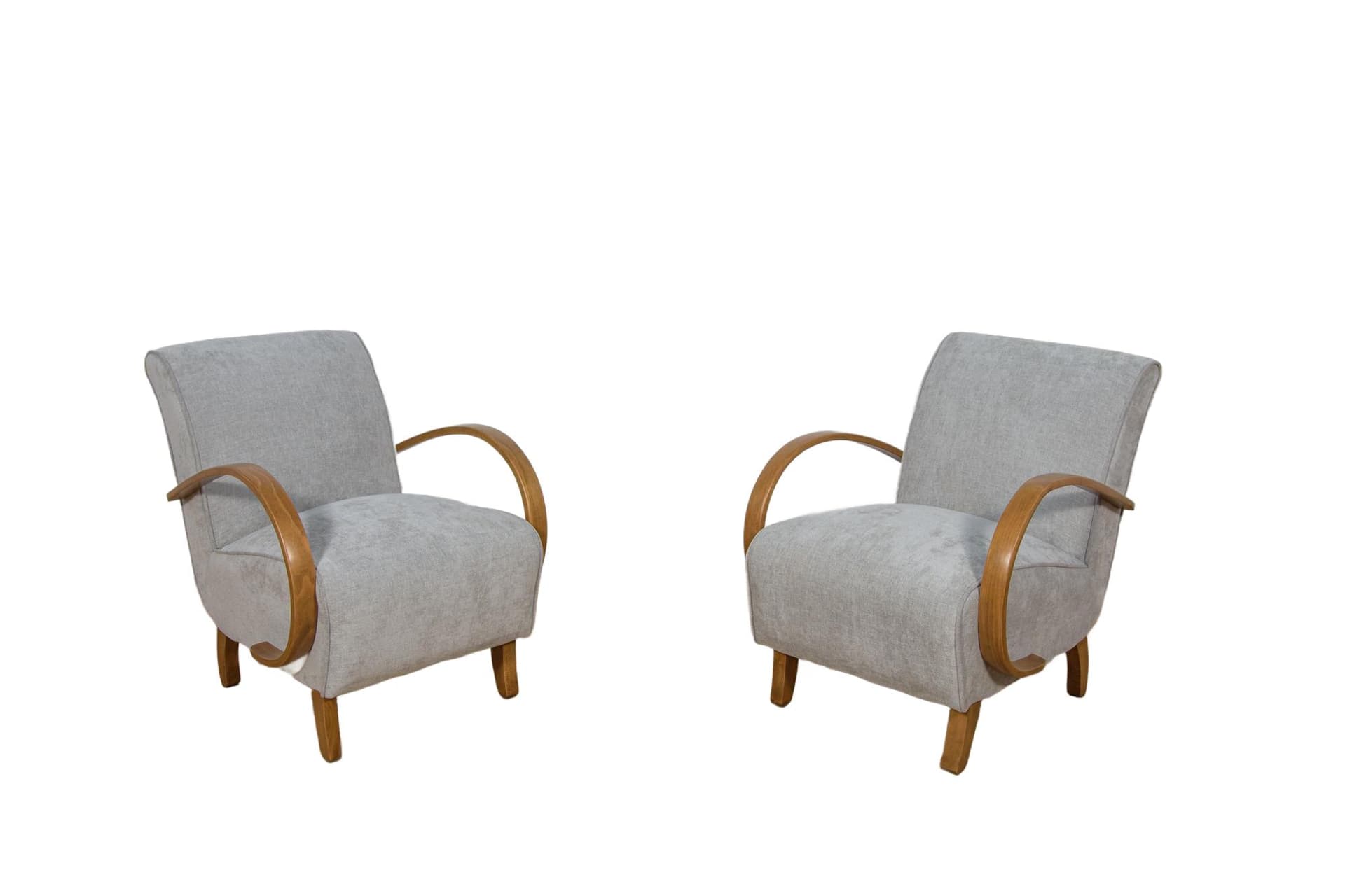 Pair of armchairs Model H-410, light grey wool, light brown oak, by J. Halabala, Czechoslovakia, 1930s.