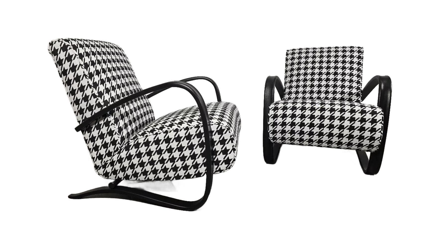 Fotel H269, velvet czarno-biały, drewno czarne, proj. J. Halabala, UP Závody, Czechosłowacja, lata 50.