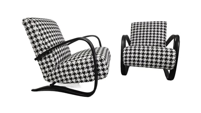 Fotel H269, velvet czarno-biały, drewno czarne, proj. J. Halabala, UP Závody, Czechosłowacja, lata 50. - WYMIARY