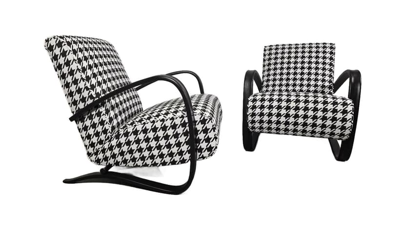 Fotel H269, velvet czarno-biały, drewno czarne, proj. J. Halabala, UP Závody, Czechosłowacja, lata 50.