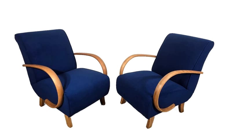 Para foteli H 410, velvet granatowy, orzech brązowy, proj. J. Halabala, UP Závody, Czechosłowacja, lata 60.