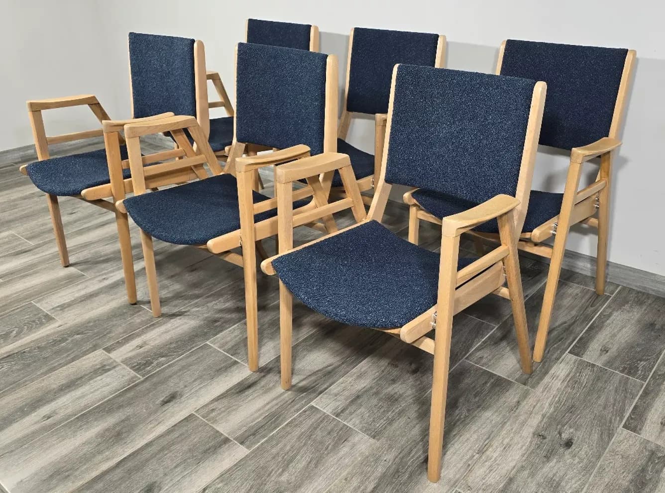 Set of 6 chairs, brown wood, blue fabric, by F. Jirak, Tatra Nabytok, Czechoslovakia, 1960s. - 299266
