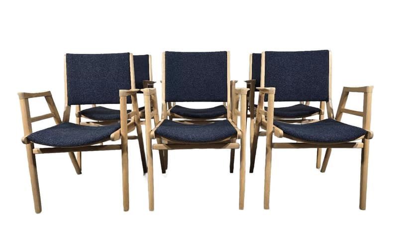 Set of 6 chairs, brown wood, blue fabric, by F. Jirak, Tatra Nabytok, Czechoslovakia, 1960s.