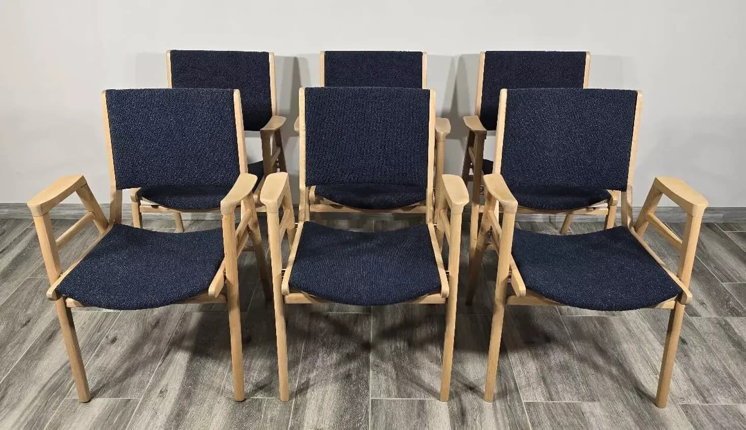 Set of 6 chairs, brown wood, blue fabric, by F. Jirak, Tatra Nabytok, Czechoslovakia, 1960s. - 299265