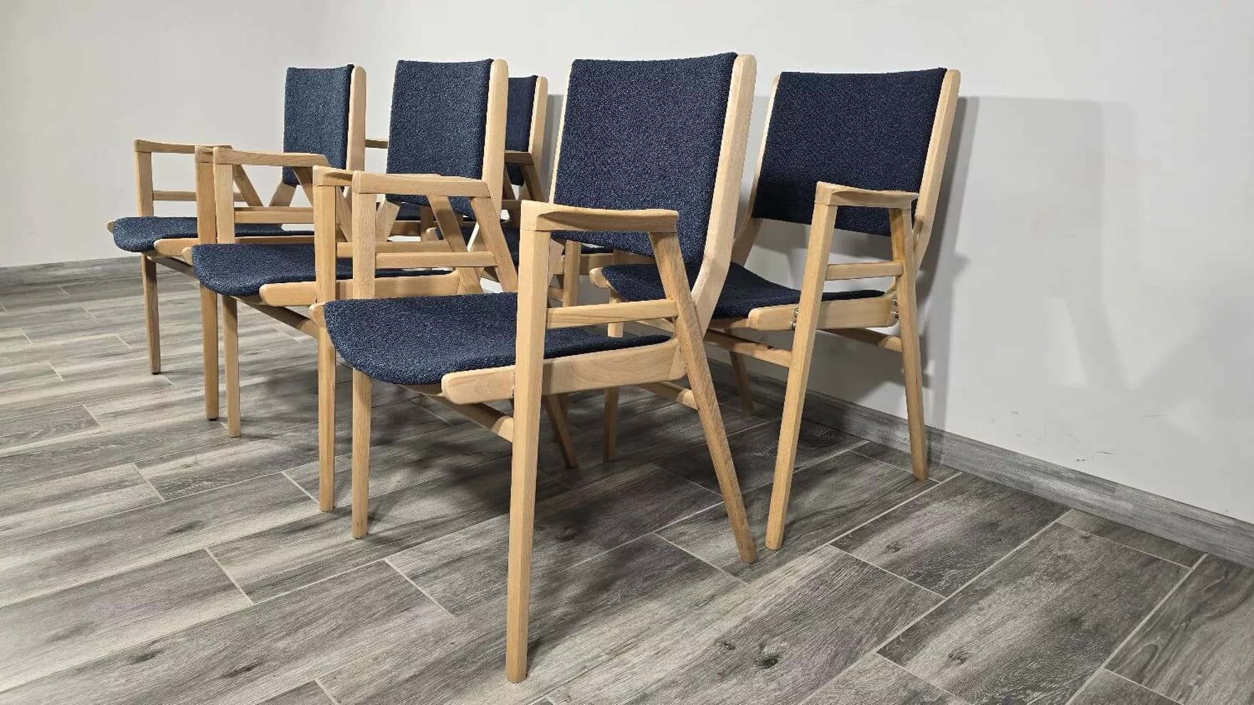 Set of 6 chairs, brown wood, blue fabric, by F. Jirak, Tatra Nabytok, Czechoslovakia, 1960s. - 299263