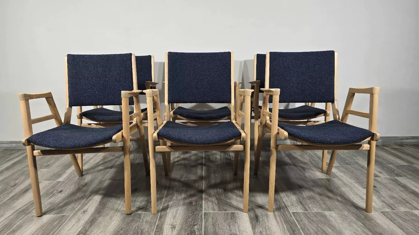 Set of 6 chairs, brown wood, blue fabric, by F. Jirak, Tatra Nabytok, Czechoslovakia, 1960s. - 299267
