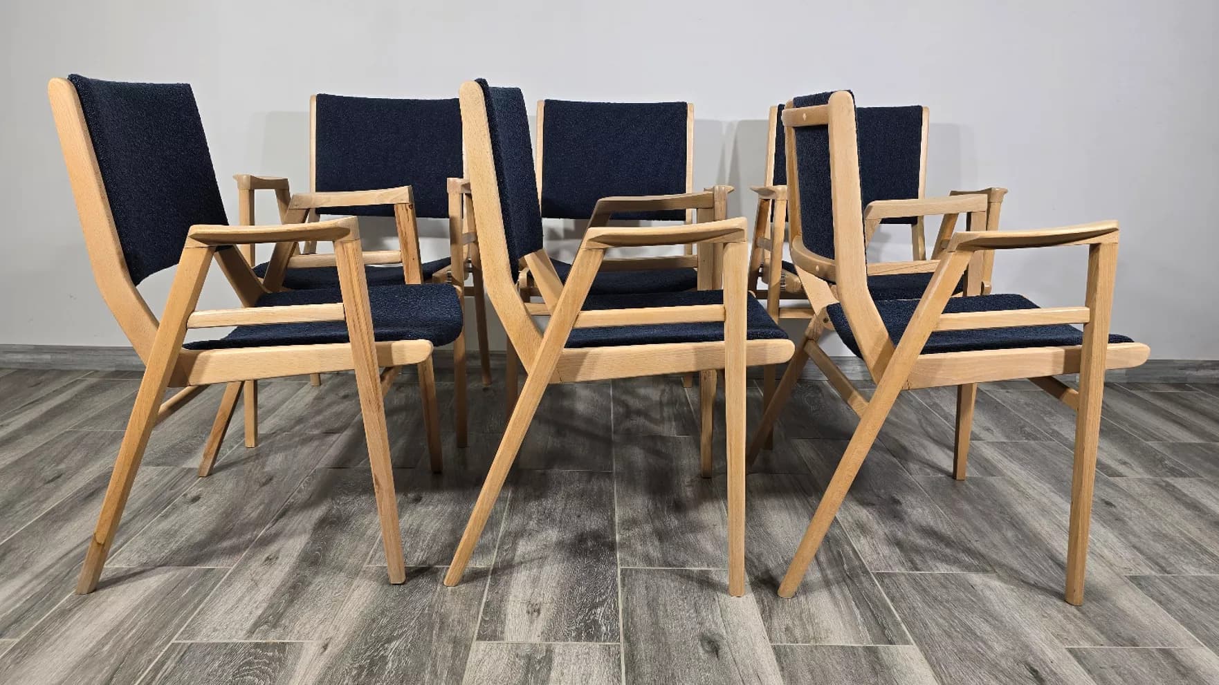 Set of 6 chairs, brown wood, blue fabric, by F. Jirak, Tatra Nabytok, Czechoslovakia, 1960s. - 299264
