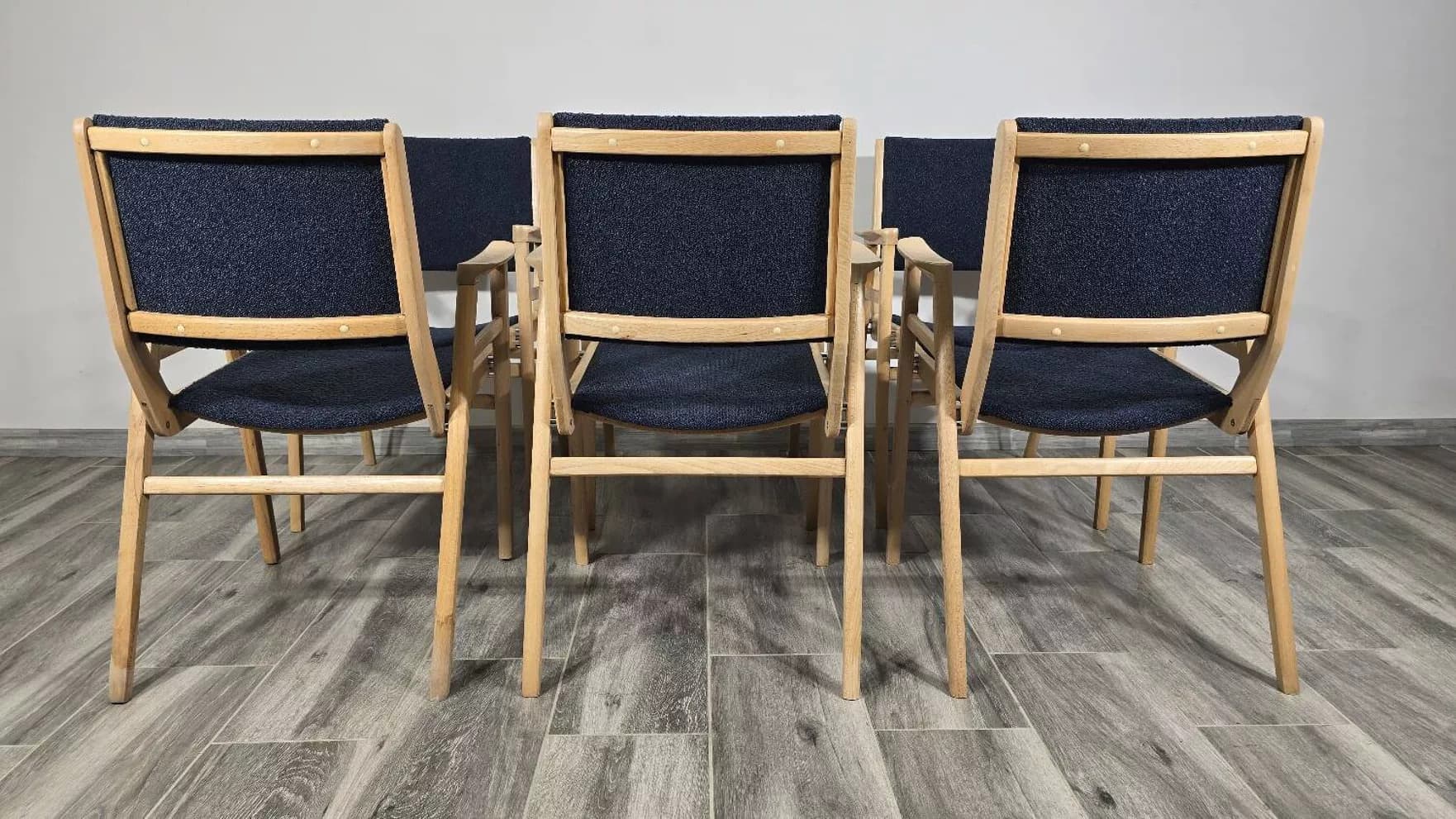 Set of 6 chairs, brown wood, blue fabric, by F. Jirak, Tatra Nabytok, Czechoslovakia, 1960s. - 299262