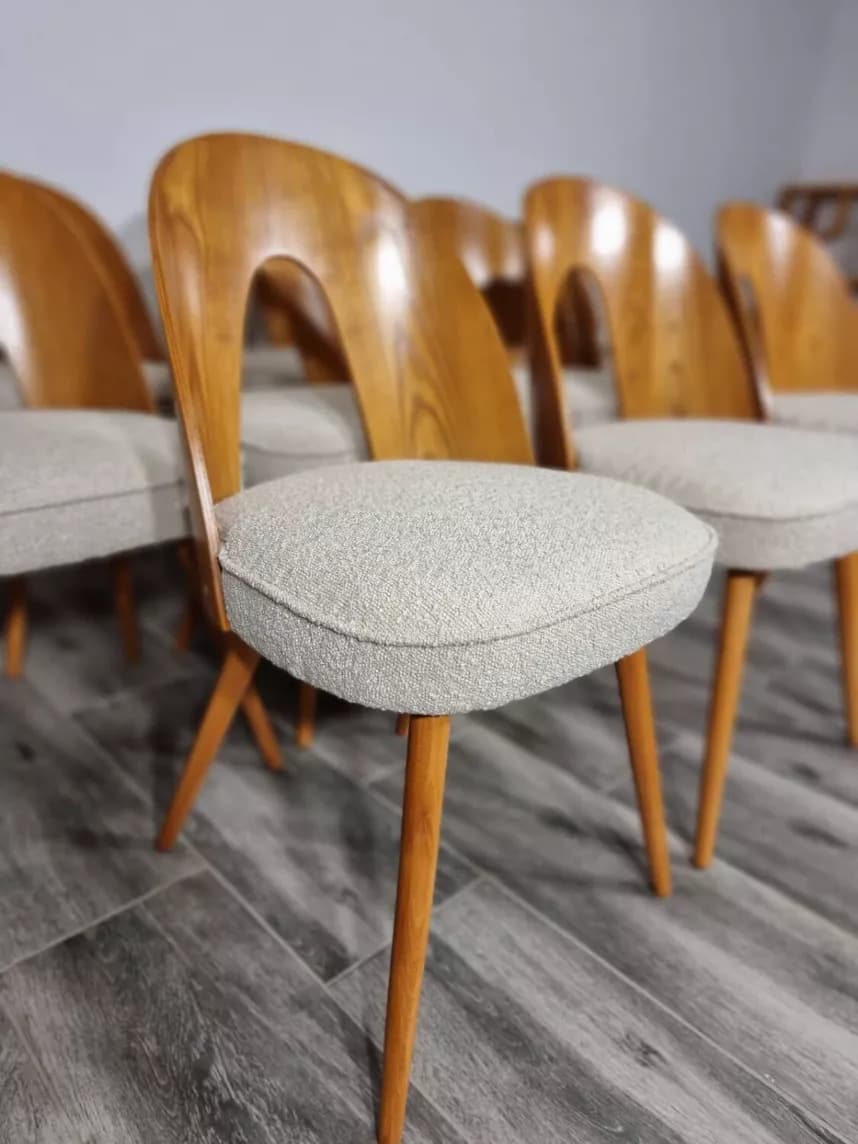 Komplet 12 krzeseł, sklejka brązowa, dąb miodowy, bawełna beżowa, proj. A. Suman, Tatra Nabytok, Czechosłowacja, lata 60. - 299277
