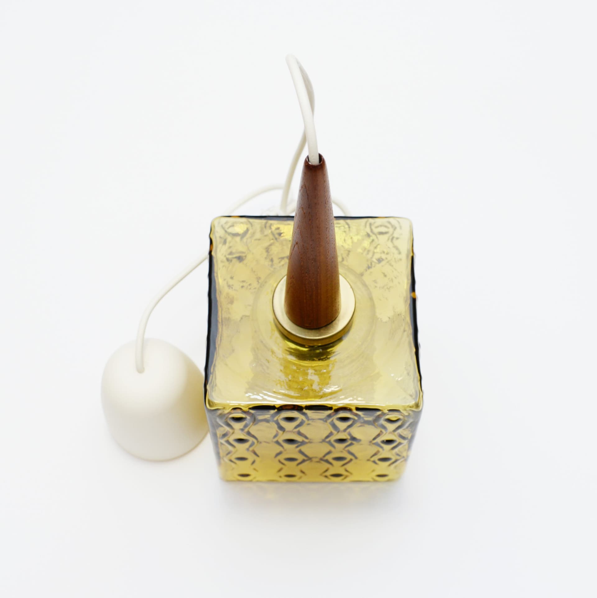 Lampa wisząca, szkło bursztynowe, drewno tekowe, mosiądz, proj. C. Fagerlund, Szwecja, lata 70. - 299336