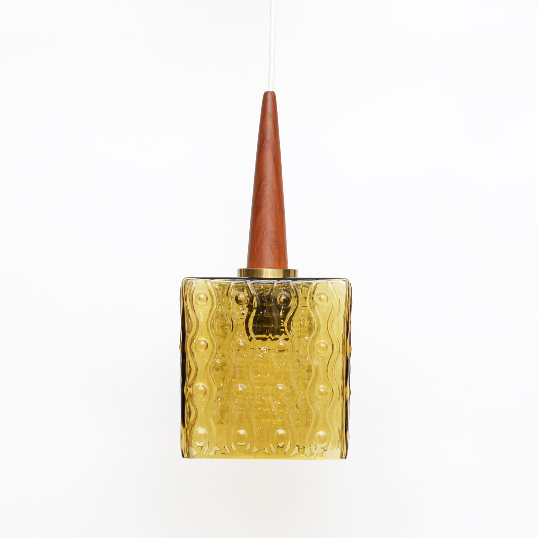 Lampa wisząca, szkło bursztynowe, drewno tekowe, mosiądz, proj. C. Fagerlund, Szwecja, lata 70. - 299338