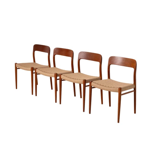 Set of four chairs model 75, reddish-brown teak, beige paper cord, by N. O. Møller, Denmark, 1960s. - DIMENSION