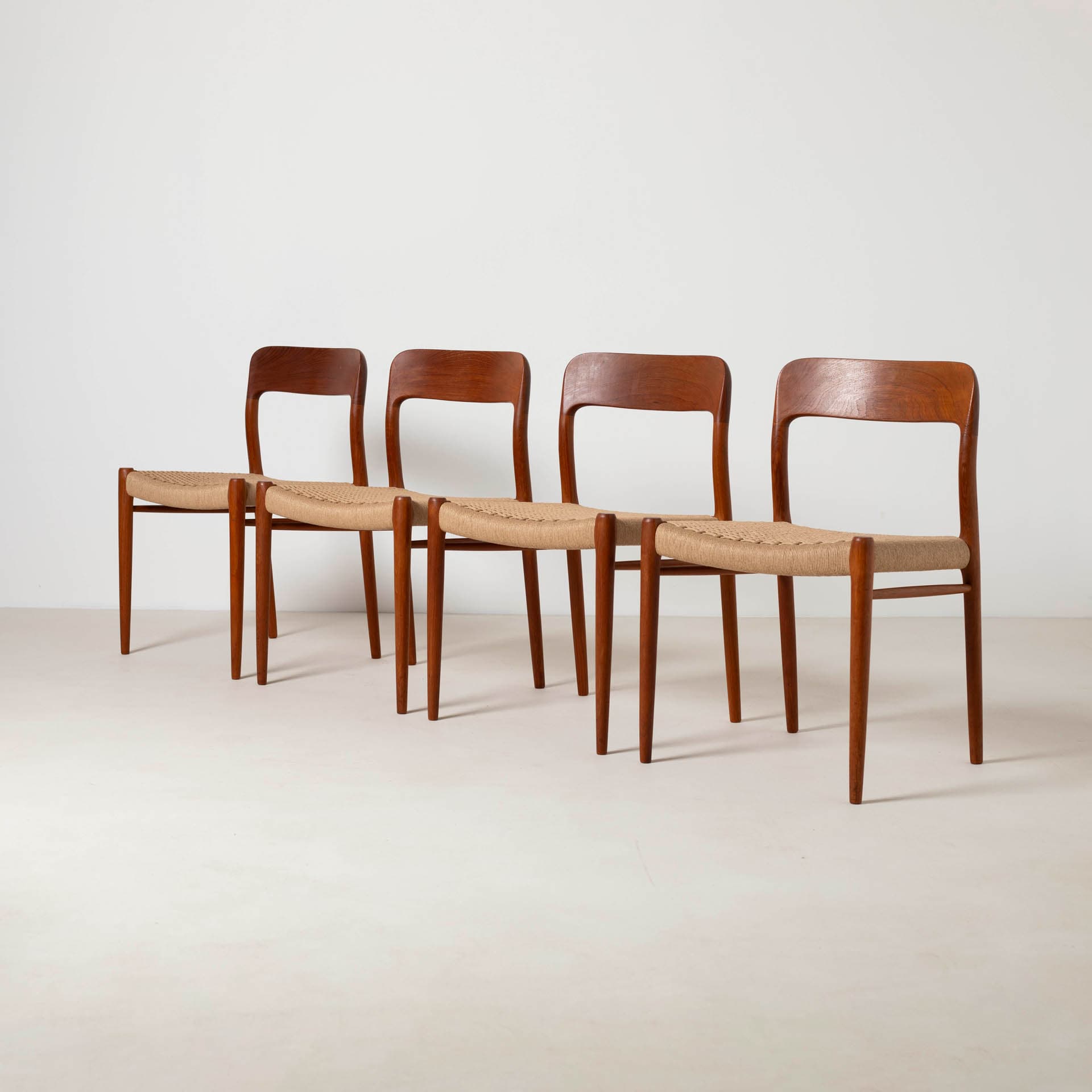Set of four chairs model 75, reddish-brown teak, beige paper cord, by N. O. Møller, Denmark, 1960s. - 299422