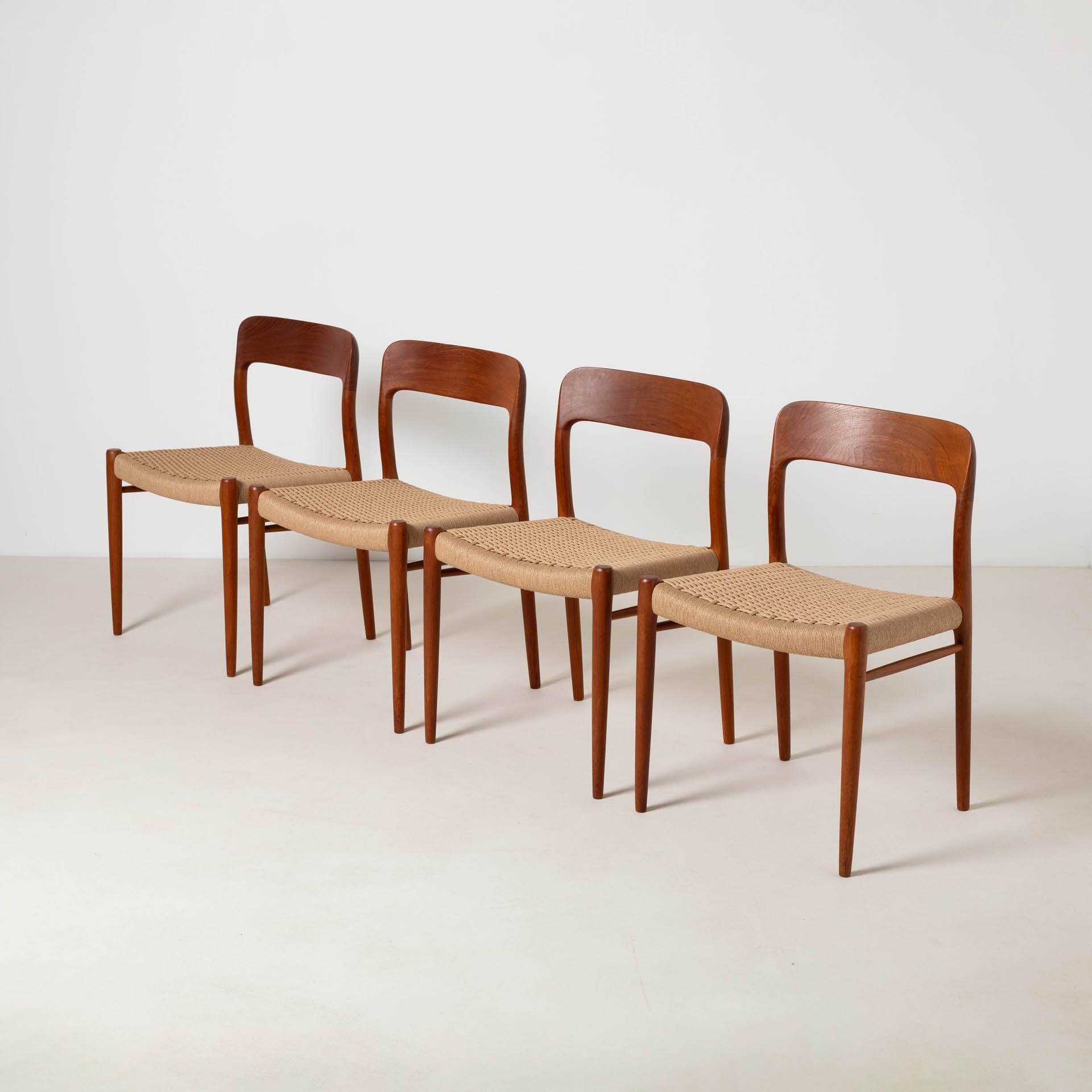Set of four chairs model 75, reddish-brown teak, beige paper cord, by N. O. Møller, Denmark, 1960s. - 299421