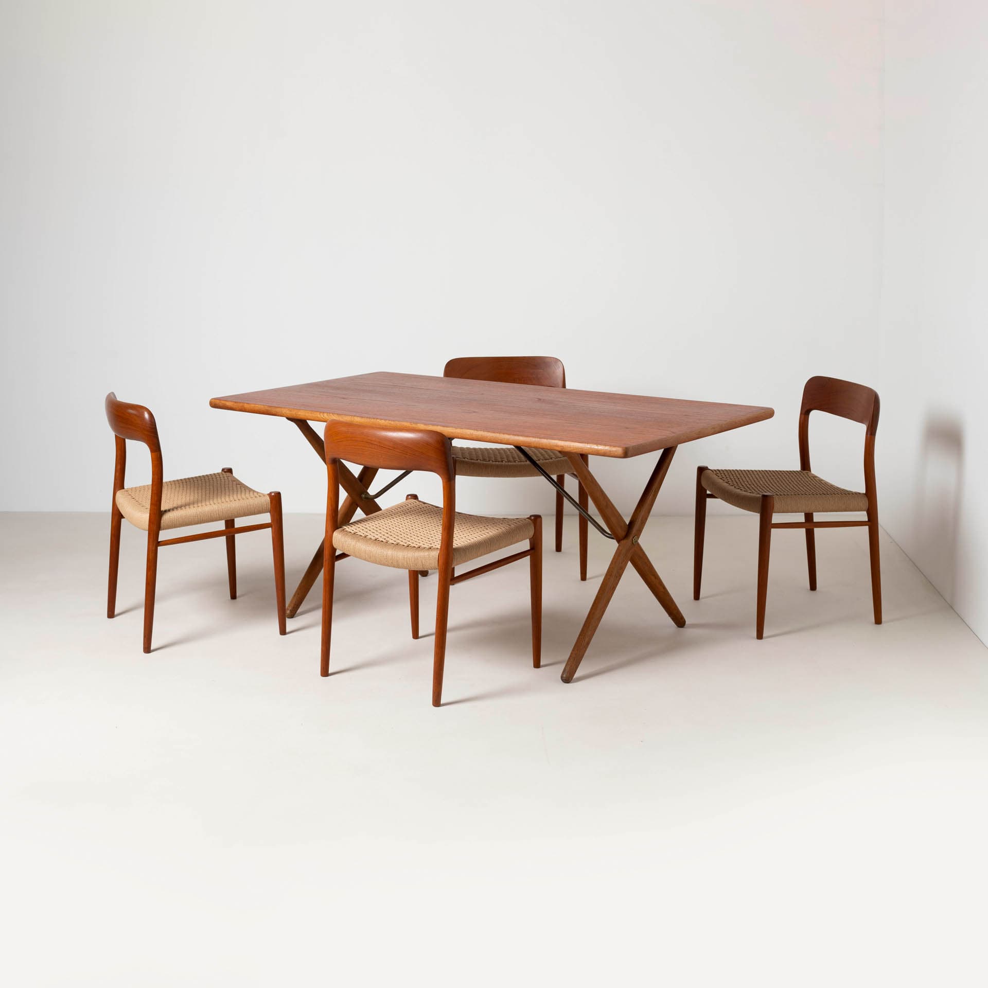 Set of four chairs model 75, reddish-brown teak, beige paper cord, by N. O. Møller, Denmark, 1960s. - 299432